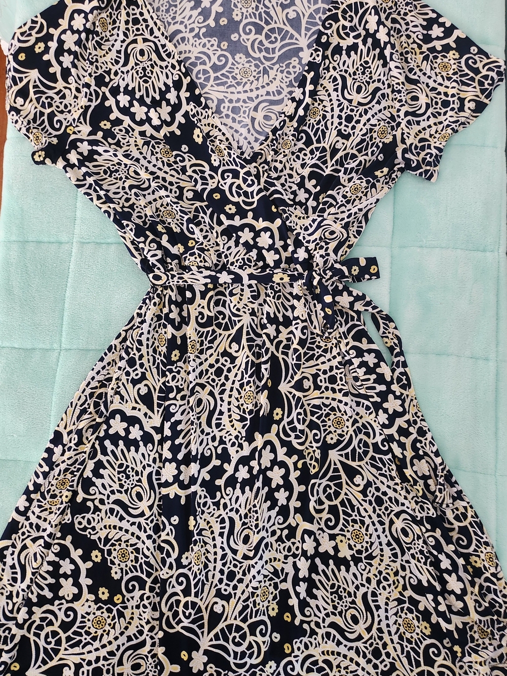 Espresso navy, white, and yellow patterned blouse